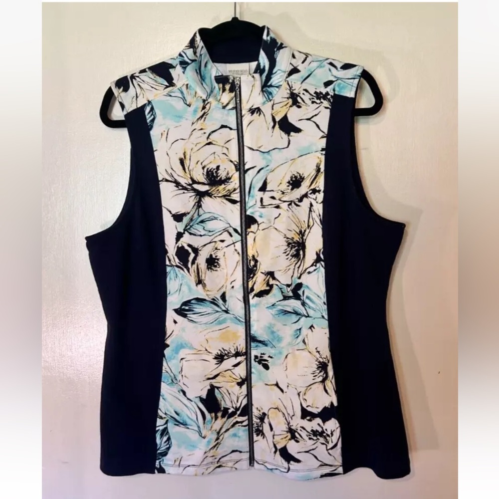 Weekends By Chicos Full Front Zip Floral Blue Sleeveless Layering Vest Size 2